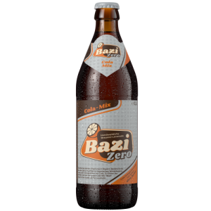 Eine braune Glasflasche 0,5l der Sorte „Bazi Zero“ mit dem Schriftzug „Cola-Mix“. Das Etikett ist in hellblau, orange und braun gestaltet und trägt das markante Bazi-Logo sowie den Zusatz „Zero“ in silberner Schrift. Die Flasche ist mit Wassertropfen bedeckt und wirkt frisch gekühlt. Der weiße Kronkorken ist passend zum Etikett designt.