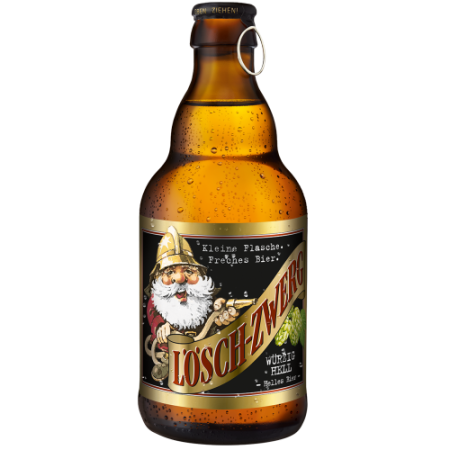 Braune Bierflasche der Marke „Lösch-Zwerg“ mit sichtbaren Wassertropfen. Das Etikett ist in schwarz und gold gestaltet. Der Zwerg mit goldenem Helm, weißem Bart und Löschschlauch ist zentral abgebildet. Im oberen Bereich des Etiketts steht in weißer Schrift: „kleine Flasche. freches Bier.“ Der Markenname „Lösch-Zwerg“ erscheint in roter Schrift auf einem goldenen Banner. Unten rechts steht in weißer Schrift die Biersorte „würzig Hell“, daneben sind Hopfendolden abgebildet. Die Flasche ist mit einem Metallringverschluss versehen.