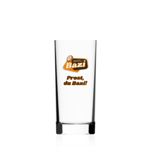 Klares Trinkglas mit aufgedrucktem Bazi-Logo und dem Schriftzug "Prost, du Bazi!" in orange-brauner Schrift. Das Glas steht aufrecht vor weißem Hintergrund.
